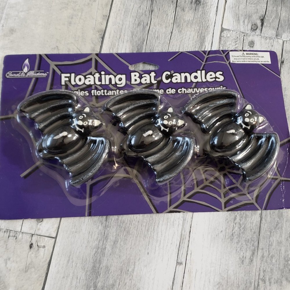 NWT - Set of 3 Floating Black Bat Wax Burning Candles Halloween
